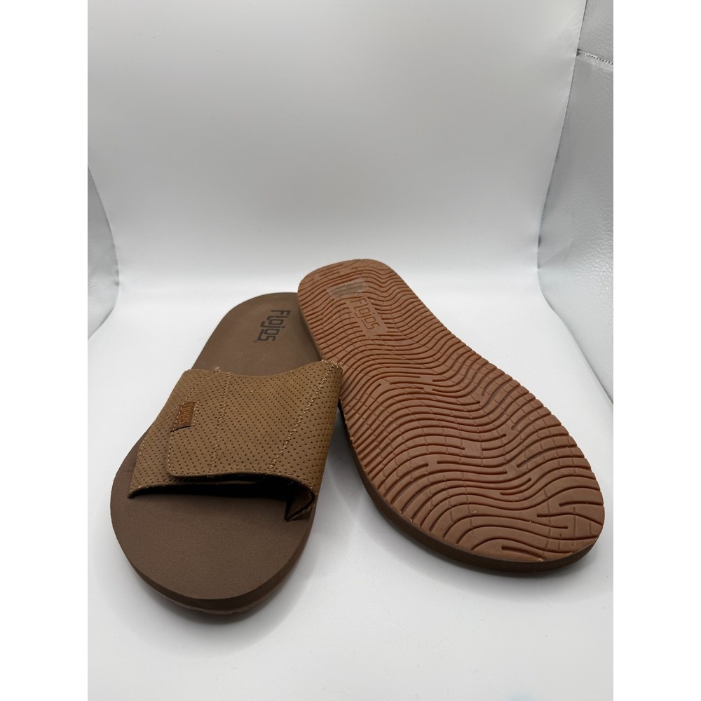 Flojos Duke Mens US 8 Slide Sandals Tan Perforated Leather Open Toe Slip-On